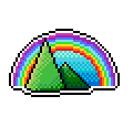 A green mountain with a rainbow above it