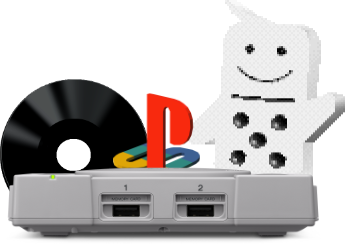 A photograph of the Playstation 1 console, behind which are a black disc, the old Playstation logo and a cutout of the character Mr. Domino