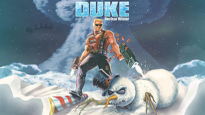 A spoof of the real cover art for Duke Nukem, this time with Duke in comfy earmuffs, shooting a snowman and Santa's sleigh can be seen in the dark winter sky far beyond the atomic mushroom cloud rising up behind Duke