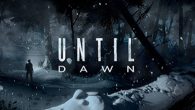 Deep snow in a dark forest, a silhouette of a person is seen to the left and the Until Dawn logo is in the middle