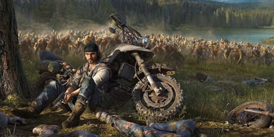 The main protagonist sitting by his bike under a tree as a horde of zombies approach from the background