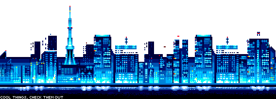 A city skyline/cityscape with the text 'cool things, check them out'