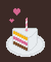 Animated gif - A piece of lovely cake, a small candle and two hearts floating above