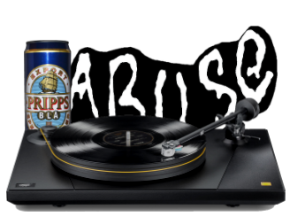 A photograph of a turntable, behind which are a beer can and Abuse's logo