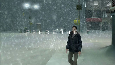 The main protagonis walking down a snow covered street with the Fahrenheit logo in the middle