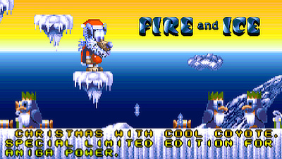 The title screen of Fire and Ice, the main character is standing on an snowy platform while penguins are roaming the ice below