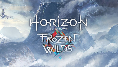 A mountain standing amongst a foggy forest with the HZD Frozen Wilds logo in the middle