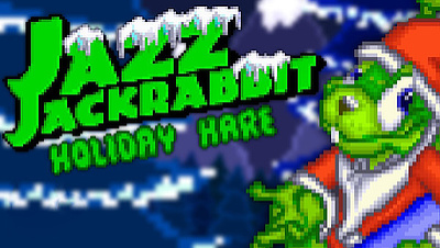 Jazz Jackrabbit dressed as Santa is standing before a dark forest with the snow covered logo next to him