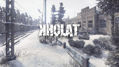 Snowy rail way tracks leads past a building behind a small fence, the Kholat logo in the center