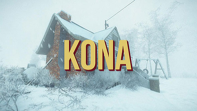 A house covered in snow with the Kona logo in the middle