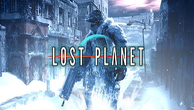 The main protagonist stands on the streets of a snowy city with the Lost Planet logo in the middle