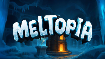 Press artwork of a dark and icy site with a lit up structure in the middle. Next to it is a block of ice on a piedestal, and inside the block is a bone. The logo for Meltopia, lettering in ice, is then placed on top of the image.