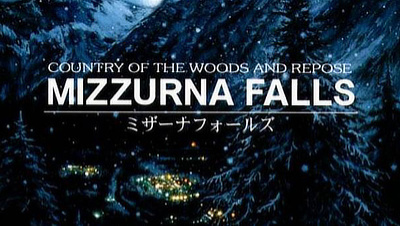 A snowy forest surrounds a city seen from afar, its city lights shining out in the night, the Mizzurna Falls logo in the middle is accompanied with the tagline 'Country of the woods and repose'