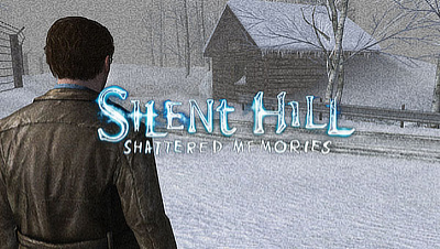 The main protagonist is standing in the foreground looking at a snowy cottage in the background with the Silent Hill Shattered Memories logo in the middle