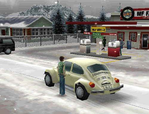 An animated gif of the main character of Mizzurna Falls getting into an old car while the snow is slowly falling
