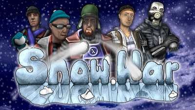 Five characters armed with snow balls are standing in a row behind the logo of Snow War