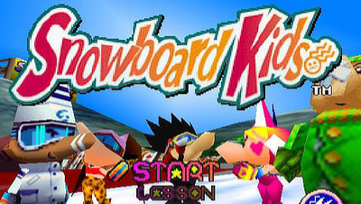 The title screen of Snowboard Kids, a couple of the characters in the foreground and a blue sky in which the logo is displayed