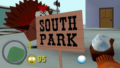 A wooden sign that says 'South Park', a turkey is standing behind it and we can see the player, who probably is Kenny, is armed with a snow ball