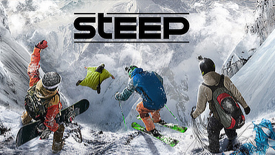 Four different riders going down a mountain side with the Steep logo above them