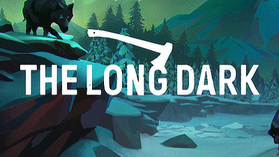 A cliff in the forest with a wolf standing in the upper left and the logo to The Long Dark in the middle