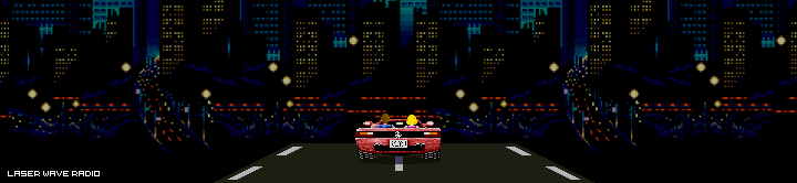 Animated gif - The Outrun car driving towards a cityscape and the text 'Laser wave radio'